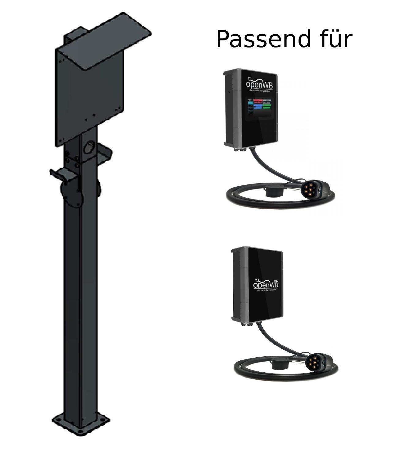 Laddningsstolpe lämplig för OpenWB Series 2 Duo / Standard Wallbox med tak och 2 kabelhållare | Stativ | Stele