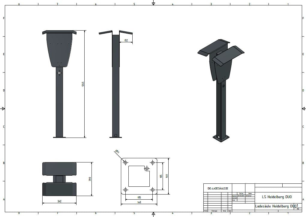Dubbel laddningsstolpe lämplig för 2 Heidelberg wallboxar med tak | stativ | piedestal